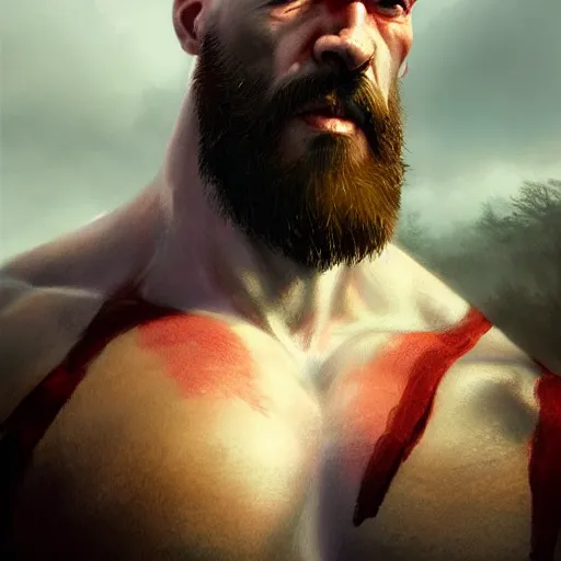 Image similar to kratos closeup portrait, dramatic light, lake background, 2 0 0 mm focal length, painted by stanley lau, painted by greg rutkowski, painted by stanley artgerm, digital art, trending on artstation