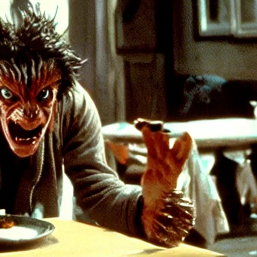 Prompt: film still of a funny looking werewolf extending out his hand, asking for food, in an american werewolf in london