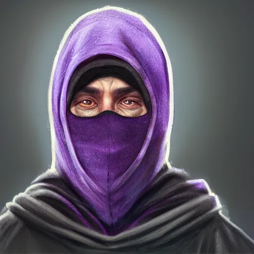 Image similar to ultra realistic illustration, man in a black hood, in a striped purple balaclava, mysterious, highly detailed, digital painting, artstation, concept art, smooth, sharp focus, illustration