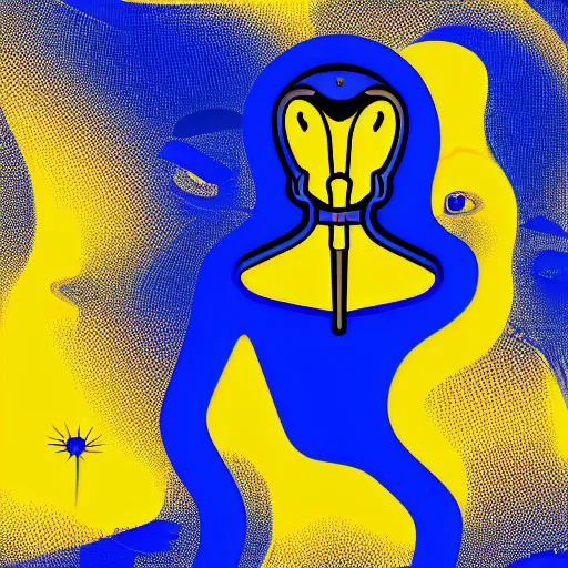 Image similar to human man that resembles a wasp morh in surreal sketch style, blue and yellow gradient, noise, ultrafine detail, hd 8k, logo illustration