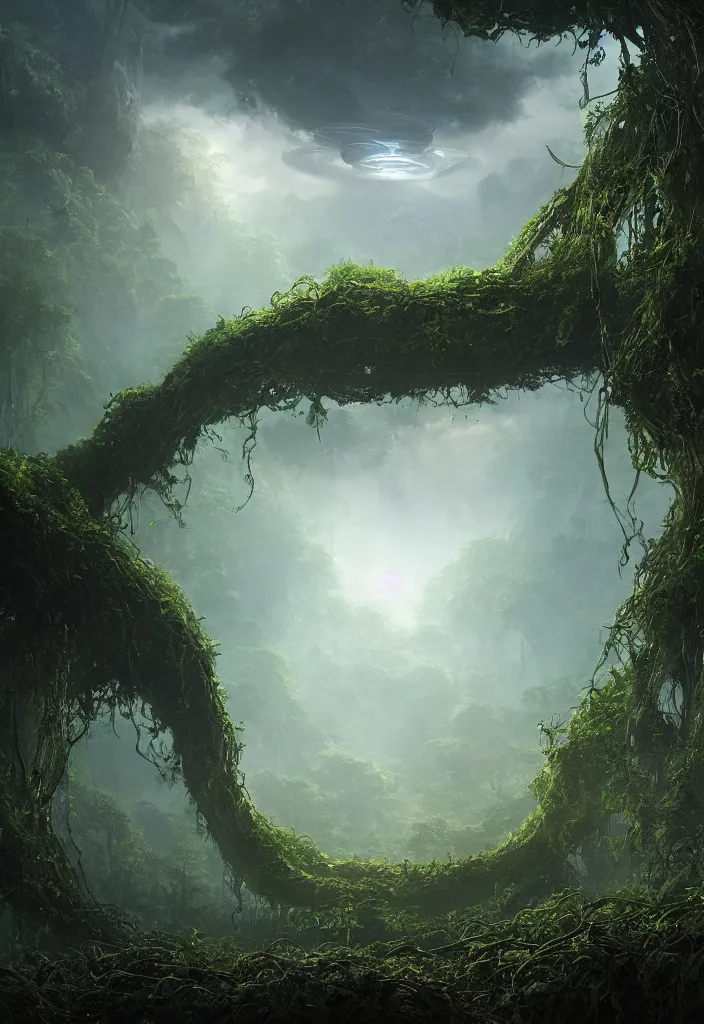 Image similar to beautiful matte painting by arthur gurin concept art of ancient alien ufo wrapped in vines and hovering in the middle of a jungle, atmospheric lighting, painted, intricate, volumetric lighting, sense of scale, mysterious, rich deep colors masterpiece, sharp focus, ultra detailed, view from bottom