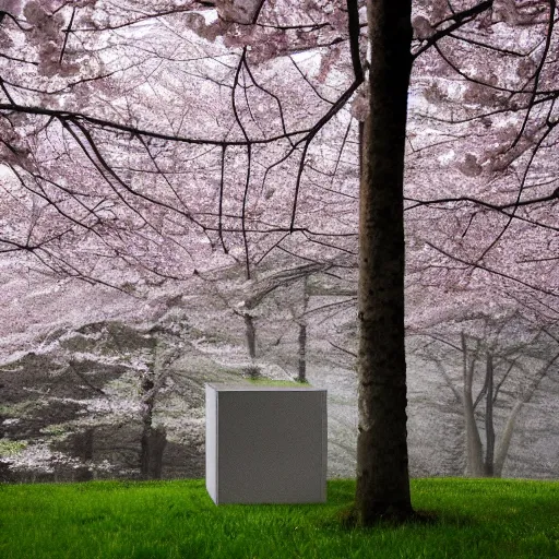 Prompt: a photograph of a white concrete cube sitting center frame in the middle of a cherry blossom forest, foggy, liminal