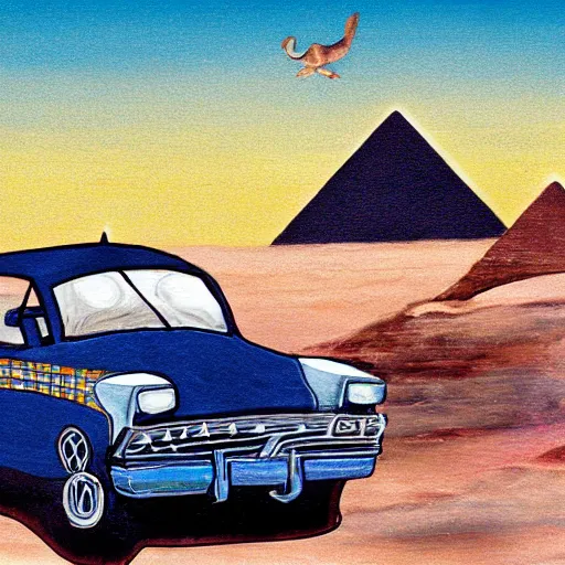 Image similar to egyptian rides in a car behind the wheel, rock painting in fresco