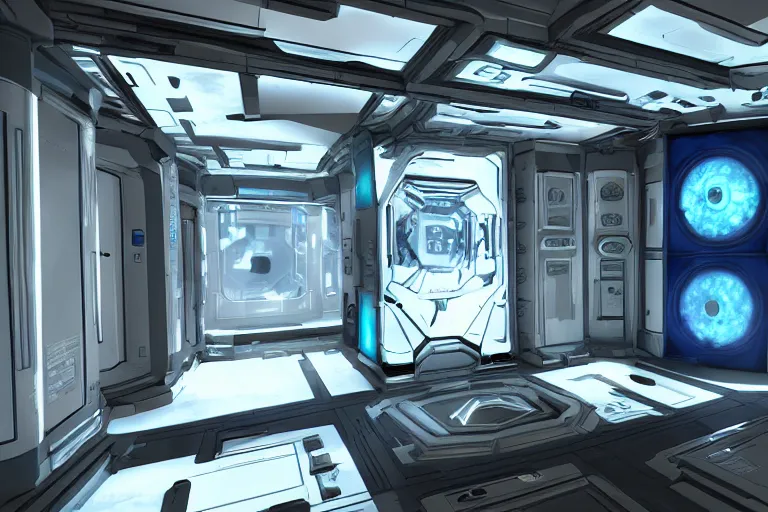 Prompt: futuristic tardis interior stylized like portal 2