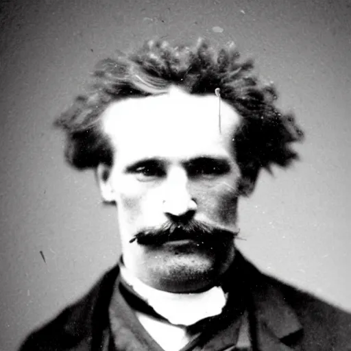 Image similar to A photograph portrait of Jerma985 with crazy hair and a pyramidal mustache in the late 1800s, taken in the late 1800s, 1870s, grainy, taken on a Field View Camera, realistic, hyperrealistic, very realistic, highly detailed, very detailed, extremely detailed, detailed, digital art, trending on artstation