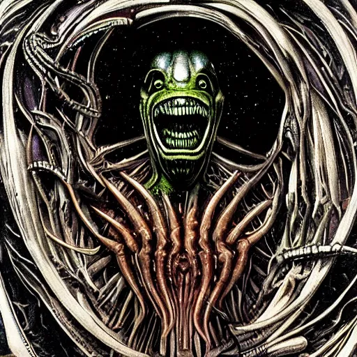 Image similar to space alienslimy, glossy, sharp teeth, by h. r. giger, and space odyssey 2 0 0 1, nightmare fuel, nightmarish, intricate, highly detailed, optical illusion, stranger things demogorgon, cave lighting, flickering