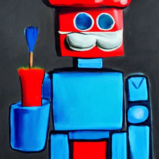 Prompt: Cute blue robot with moustache and red french beret. He is holding a paint brush. photorealism