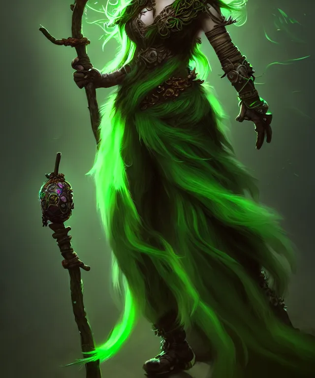 Prompt: beautful full body portrait of a female druid holding a skull staff, green majestic hair, elegant fashion, by yu cheng hong, dave greco, grafit studio, digital art, ultra detailed, rendered in unreal engine, concept art, trending on artstation