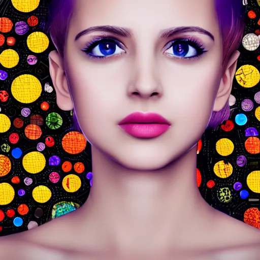 Image similar to portrait mosaic of a beautiful cute young woman with robot ears and eyes, 4k, intricate details