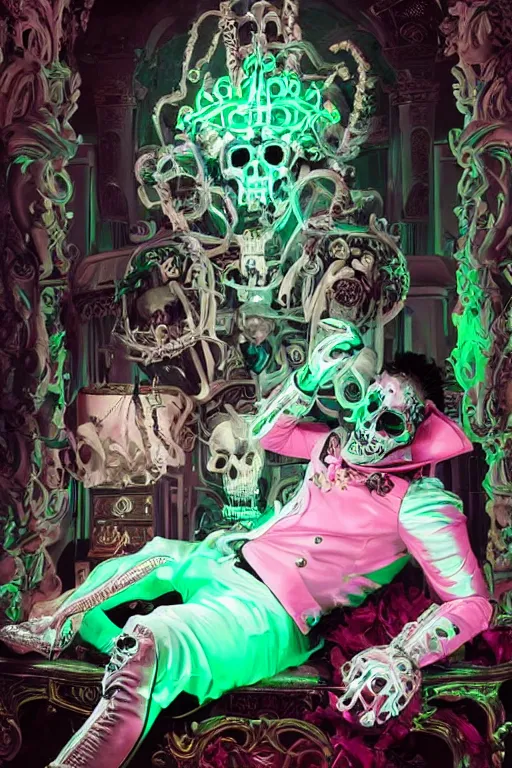 Image similar to full-body rococo and cyberpunk style mint neon statue of a young attractive Spanish male macho dotado android reclining sim roupa con piroca, glowing white laser eyes, prince crown of pink gears, diamonds, swirling silver-colored silk fabric. futuristic elements. full-length view. space robots. human skulls. intricate artwork by caravaggio. Trending on artstation, octane render, cinematic lighting from the right, hyper realism, octane render, 8k, depth of field, 3D