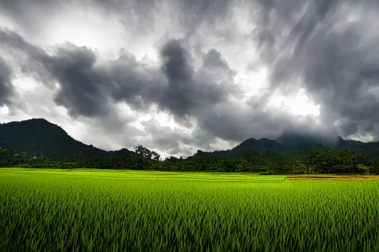 Image similar to a beautiful landscape photography of Gunung Jerai, Yan, Malaysia with a paddy field, dramatic sky, 500px, award winning, moody