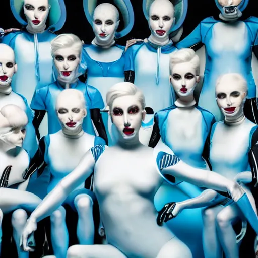 Image similar to troop of cloned freakshow women with white bob hairdos, tight light blue neopren suits, futuristic production facility, sci - fi, highly detailed, cinematic