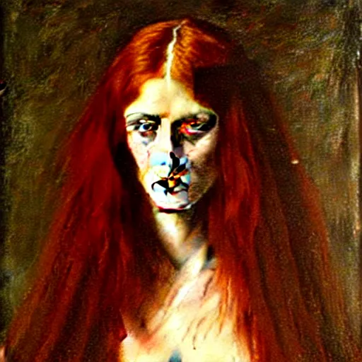 Prompt: A John Collier painting of a striking Pre-Raphaelite witch with intense eyes and bright red hair