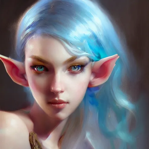 Prompt: beautiful elf girl, long light blue hair, golden eyes, beautiful features, portrait, painting by alphonse muca, greg ruthowski, craig mullins, ruan jia, wlop, very beautiful and detailed, artstation, high quality