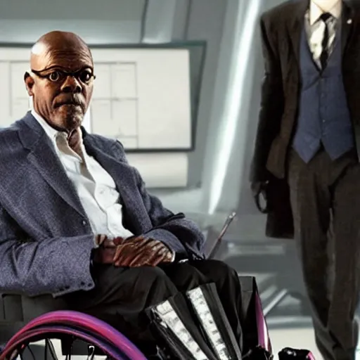 Image similar to Samuel L. Jackson as Professor X, it's the wheelchair that says Bad Motherf*cker, hyper realistic, x-men, superhero, marvel, 4k cinematic