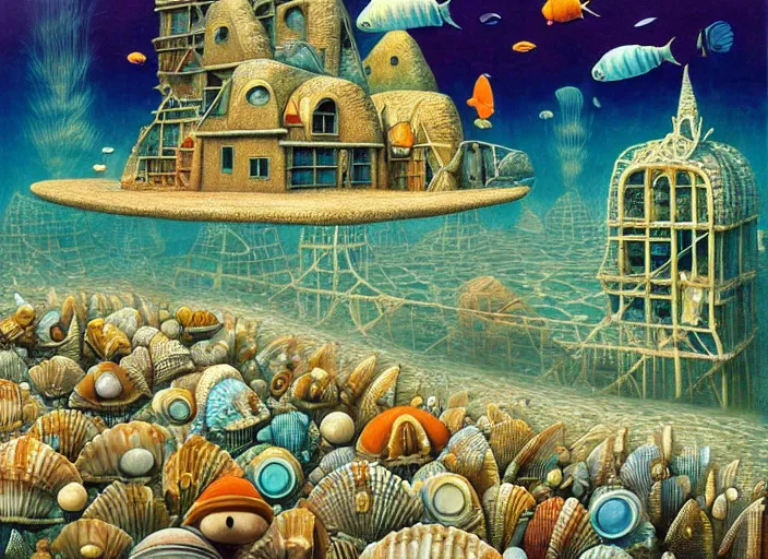 Image similar to underwater city with fish citizens inside!! the seashell, small scandinavian!!! houses, little people!!!, by jacek yerka by levitan, surrealistic painting, masterpiece, oil painting, sharp focus, highly detailed, intricate, smooth, 8 k,