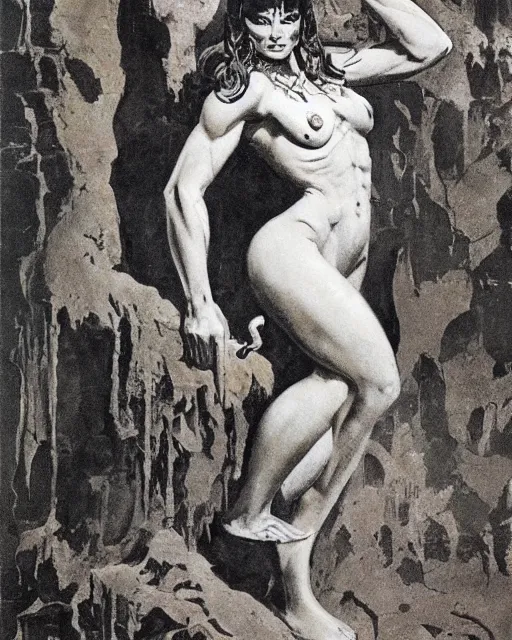 Image similar to tiger woman full body portrait in a palace of gold, by Frank Frazetta