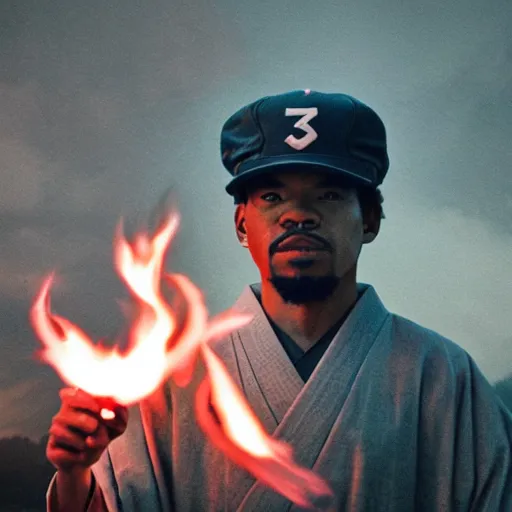 Image similar to cinematic film still of Chance The Rapper starring as a Samurai holding fire, Japanese CGI, VFX, 2022, 40mm lens, shallow depth of field, film photography