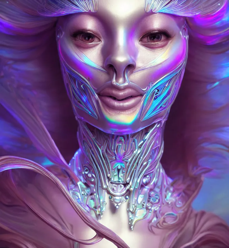 Prompt: iridescent close-up portrait of a beautiful princess in robe. biomechanical mask. bio luminescent biomechanical halo around head. artwork by jarold Sng by artgerm, by Eddie Mendoza, by Peter mohrbacher by tooth wu, unreal engine, octane render, cinematic light, high details, iridescent colors, dichroic, macro, 4l