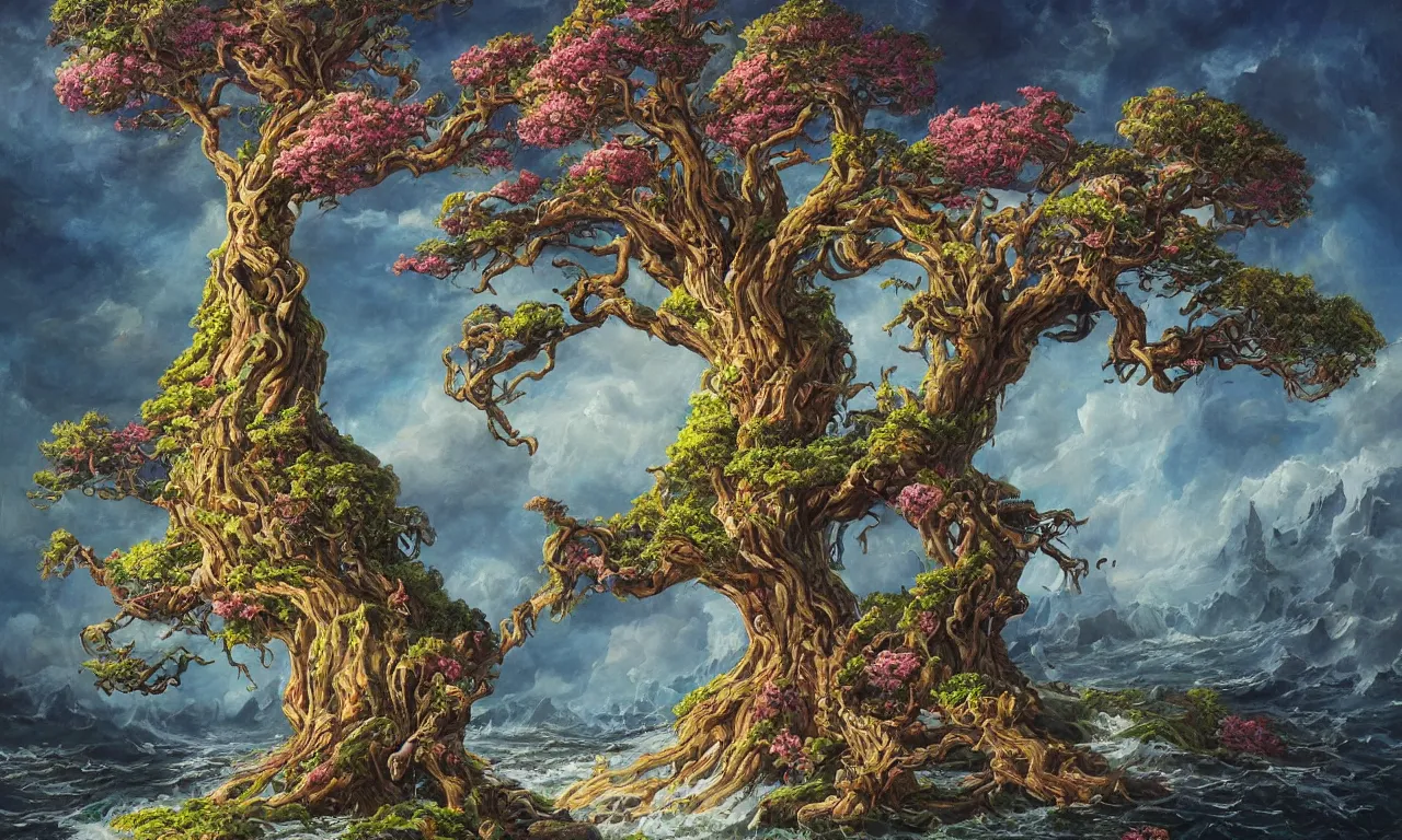 Image similar to a beautiful painting of a huge sacred and mystical and mysterious tree growing on an island with blooming with exotic glowing flowers and bugs, in the middle of a violent tumultuous sea, by john blanche, trending on artstation, midjourney