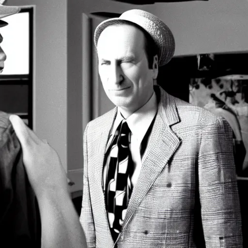 Image similar to film still of Bob Odenkirk as Stan S Stanman wearing a straw hat and checkerboard suit in the Monkey Island movie