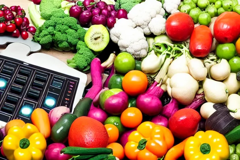 Prompt: film still of fresh fruits and vegetables with arms and legs making beats in the studio on an mpc