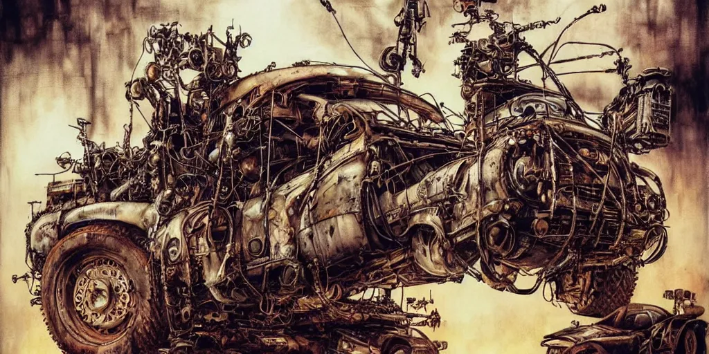 Image similar to mad max rockatansky fury road by brendan mccarthywires cybernetic implants, steelpunk, abandoned steelworks, grime and grunge, in the style of adrian ghenie, esao andrews, jenny saville,, surrealism, dark art by james jean, takato yamamoto