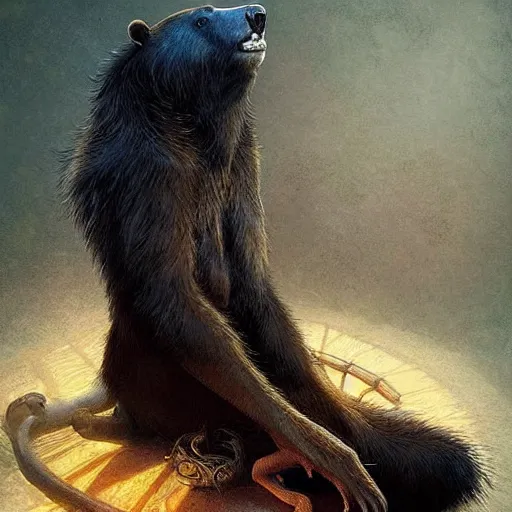 Prompt: ““Bearskin rug that has come to life in a magic school, fantastic beast, creature design, D&D, fantasy, intricate, cinematic lighting, highly detailed, digital painting, artstation, concept art, smooth, sharp focus, illustration, art by Artgerm and Greg Rutkowski and Alphonse Mucha”