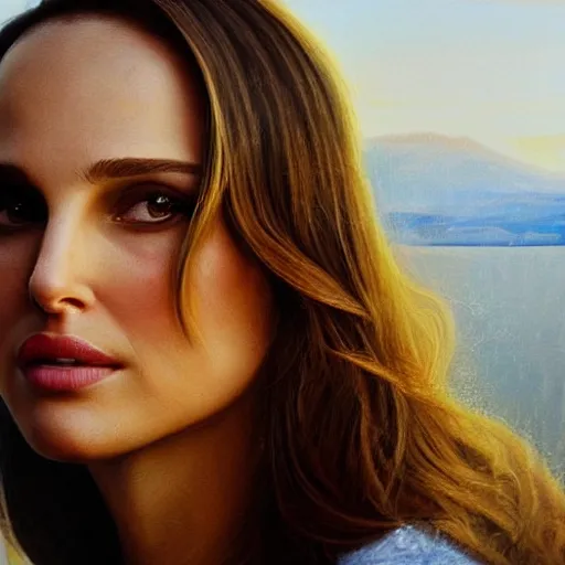 Image similar to “Natalie Portman, beautiful, golden hour, sharp focus, hyperrealistic masterpiece professionally post-processed smooth ultradetailed digital airbrush painting”