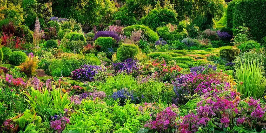 Prompt: the most beautiful garden, award winning photo, very detailed, golden hour