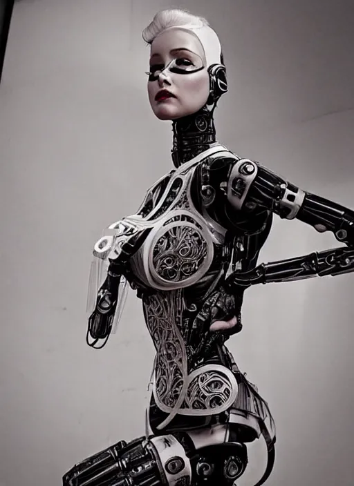 Image similar to beautiful female robot, wearing an intricate corset, burlesque, perfect features, anatomically correct, arms by her side, symmetrical facial features, sad expression, looking at the floor, elegant, futuristic, fantasy, artsy, digital art, background circuitry, cinematic, highly detailed, ultra realistic, lifelike,