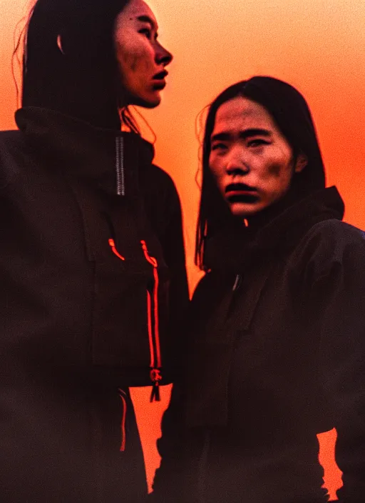 Image similar to cinestill 5 0 d photographic portrait of two loving clones, beautiful women wearing rugged black techwear on a desolate plain with a red sky, extreme closeup, diverse species, cyberpunk style, in front of a brutalist dark metal facility, dust storm, 3 5 mm, 8 k, f / 3 2, high resolution, ultra realistic faces
