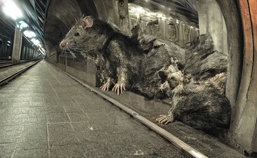 Image similar to very large giant zombie rat on railways in tonnel of moscow metro. extreme high detail. low dark light, scary atmosphere