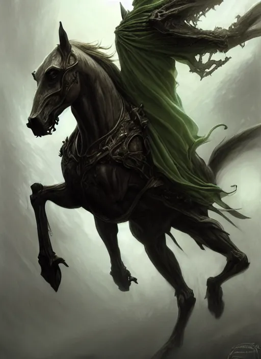 Image similar to concept art by artgerm, pestilence of the four horsemen of the apocalypse, soft green natural light, intricate, hooded death riding a horse, highly detailed dark art, digital painting, artstation, concept art, smooth, sharp focus, illustration, art by greg rutkowski and luis rollo and uang guangjian and gil elvgren, symmetry!