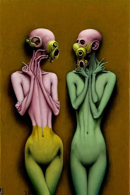 Prompt: Two extremely thin figures wearing gas masks, large, fragmented heads, draped in silky gold, green and pink, inside a decaying dystopian morgue, in the style of Francis Bacon, Esao Andrews, Zdzisław Beksiński, Edward Hopper, surrealism, art by Takato Yamamoto and James Jean