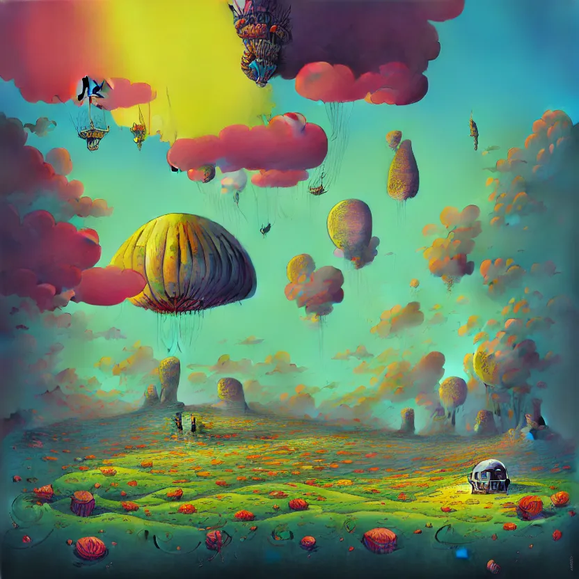 Prompt: surreal glimpse into other universe, zeppelin, island, summer morning, very coherent and colorful high contrast, art by! gediminas pranckevicius! geof darrow, pastel color, volumetric lighting, cinematic, floralpunk screen printing woodblock, dark shadows, hard lighting, stippling art