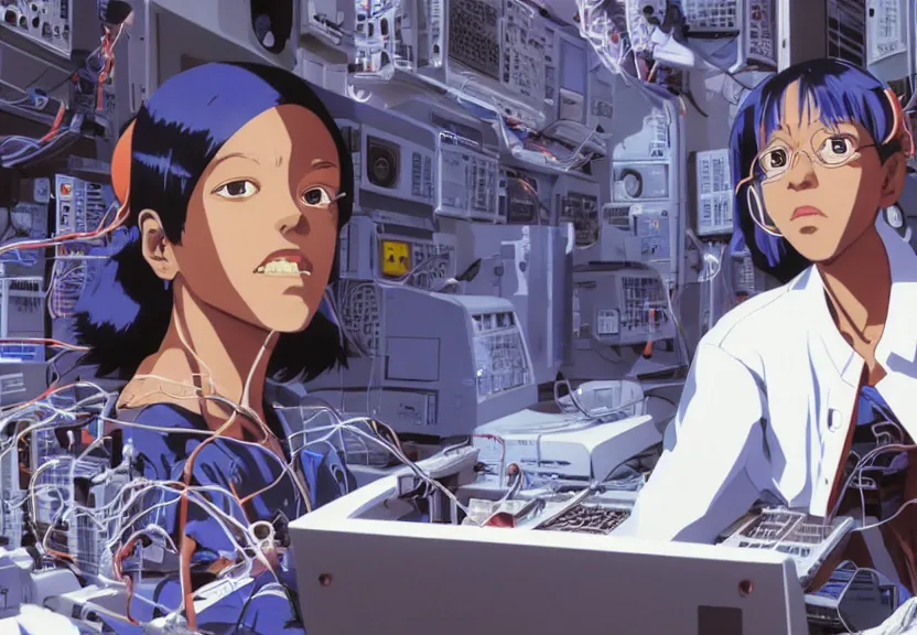 Image similar to dark skin woman wearing a white lab coat with a blue haircut, body connected to wires and surrounded by 1 9 8 0 s computers, painted by yoshitoshi abe and makoto shinkai, in the style of serial experiments lain and gainax evangelion 1 9 9 5, dynamic lighting, dark ambience, cell - shaded, detailed face, retro tech