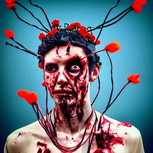 Prompt: medium shot portrait, Kodachrome, cyberpunk 115 y.o model zombie with nose Nath, wrapped in wires and red flowers, clear blue sky vintage style, looking straight ahead, in the style of Kubrik, photography by Barry Lyndon