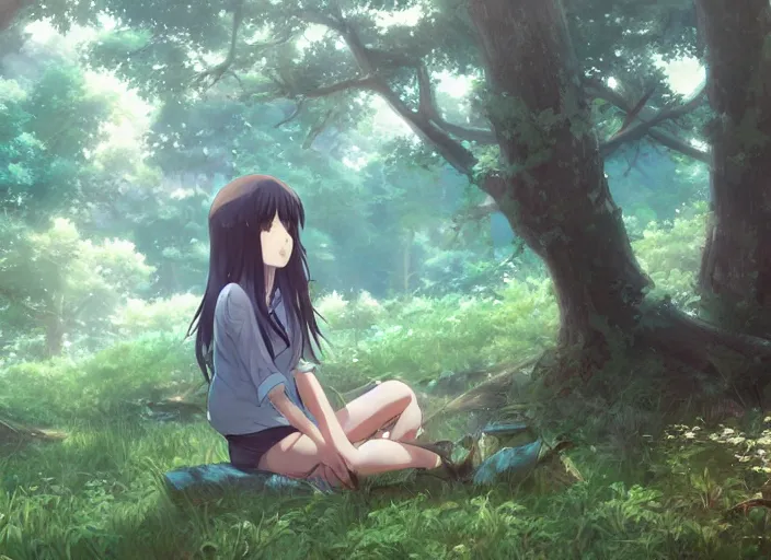 Prompt: surprised anime girl sitting in a forest, by makoto shinkai, anime, highly detailed, digital art