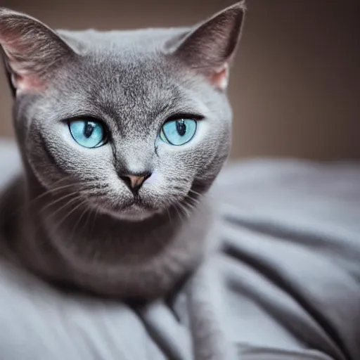 Prompt: a cute gray cat with big sad eyes sitting on a bed in a dimly lit room, ultra realistic photograph