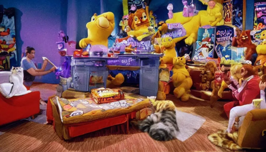 Image similar to 1990s photo of inside the Garfield's Wild Dream ride at Universal Studios in Orlando, Florida, riding a box with a blanket, with Garfield the cartoon cat, through a living room filled lasagna, coffee cups, and lava lamps, cinematic, UHD