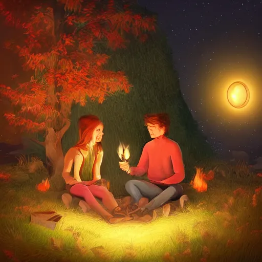 Image similar to guy and girl sitting beside cosy campfire at night, fantasy, hd 4k digital art, very detailed