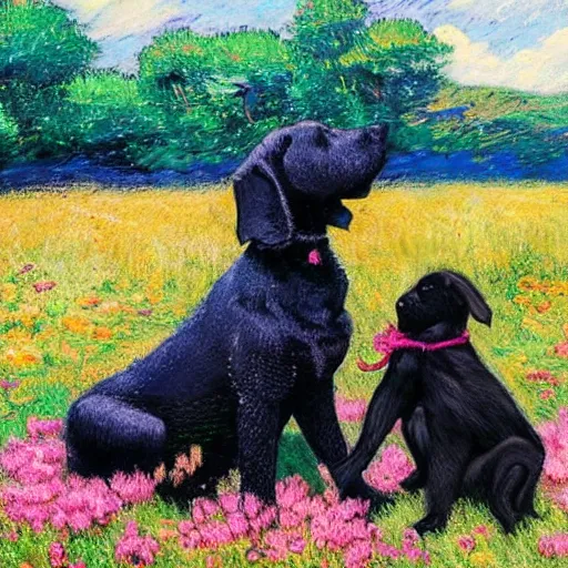 Prompt: a pregnant east african woman with her black puppy in a vast field of flowers, relaxing, wide shot, golden hour, vintage, impressionist painting, fine art, oil painting, dreamy, pastel, laughing, happy, intricate details, sharp, peaceful, serene