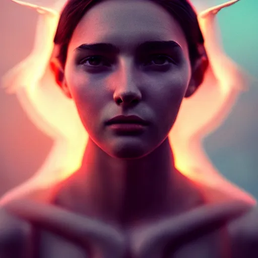 Image similar to portrait art of female angel by alessio albi 8 k ultra realistic, angel wings, lens flare, atmosphere, glow, detailed, intricate, full of colour, cinematic lighting, trending on artstation, 4 k, hyperrealistic, focused, extreme details, unreal engine 5, cinematic, masterpiece