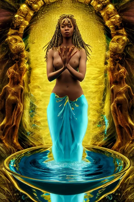 Image similar to illustration neo - renaissance cinematic super expressive! oshun goddess with water armor, staring at herself in a liquid mirror, gold flowers, highly detailed digital art masterpiece, smooth etienne sandorfi eric zener dramatic pearlescent soft teal light, ground angle uhd 8 k, sharp focus