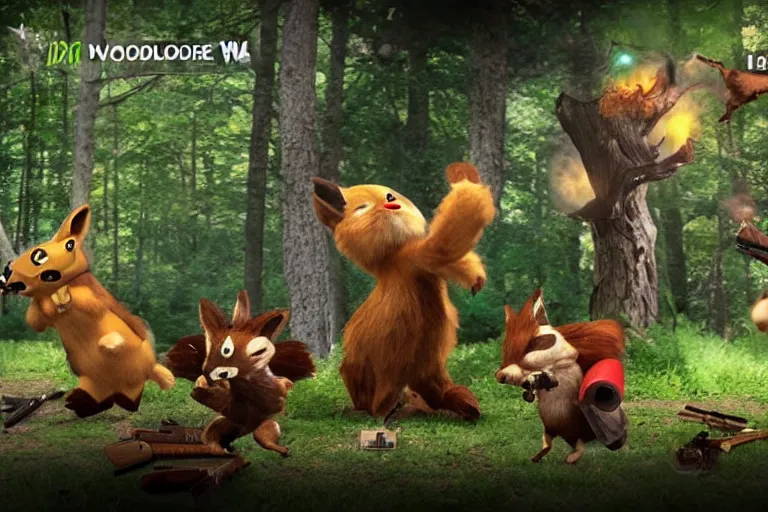 Image similar to woodland creatures battling at war with guns, bullet time, woodland setting