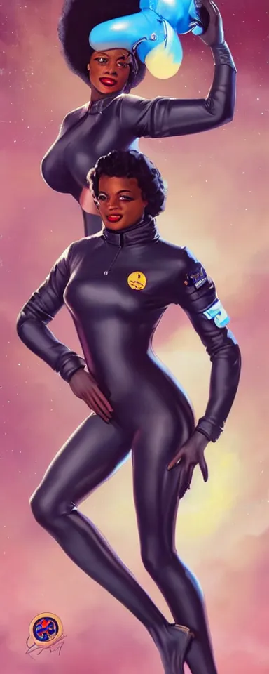 Prompt: full body shot of black woman in an astronaut suit with a celestial afro, pin-up style by Artgerm, realist, trending on artstation