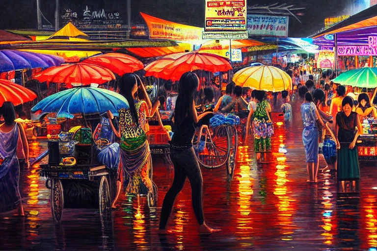 Image similar to detailed painting of Thai river night market, Bangkok, gothic style, deep strokes, high quality