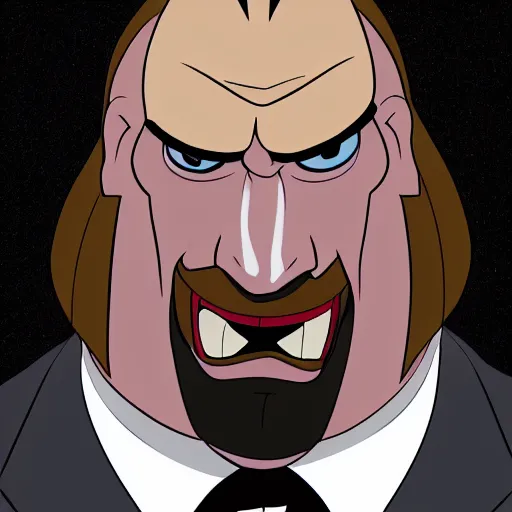 Prompt: Head-to-shoulder shot of Triple H as a Disney villain, Disney, cartoon, Disney style, 2d, drawn image, beautifully drawn, Disney 2d animation still, digital 2D animation, traditional animation, Disney style, Disney animation, Deviantart, very coherent symmetrical artwork, heroic look, artstation