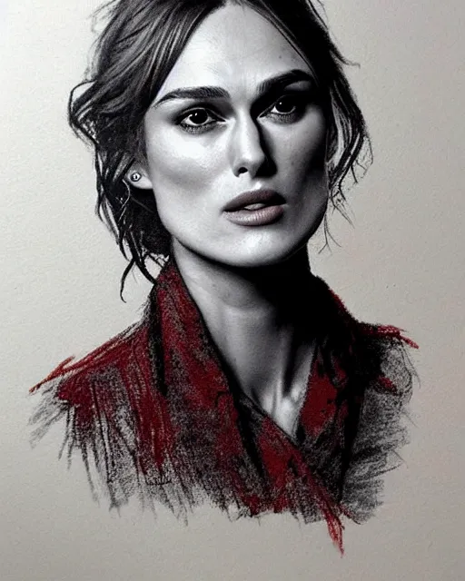 Prompt: highly detailed portrait of keira knightley, drawn on kraft paper with red, black, and white chalk